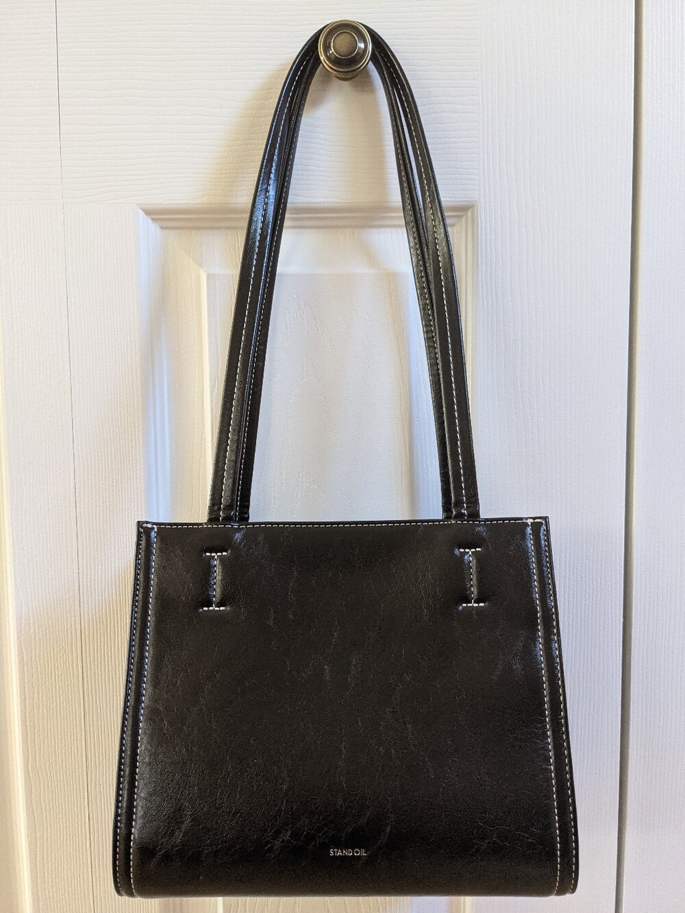 Stand Oil Oblong Bag Mini in Stitch Black Work Tote Bag Top Handle Shoulder Bag